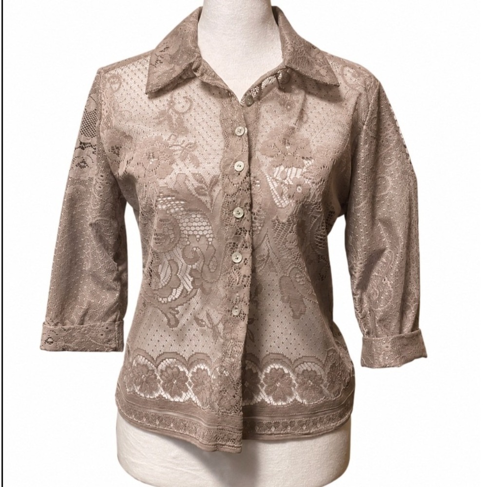Vintage Lace Sheer‎ Mesh Top Button Down Shirt Medium Taupe Brown Romantic Fairy
